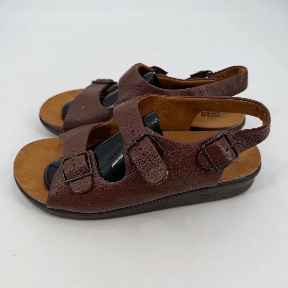 SAS Bravo Mens Brown Leather Slingback Sandals Triple Buckle 12 WW Extra Wide